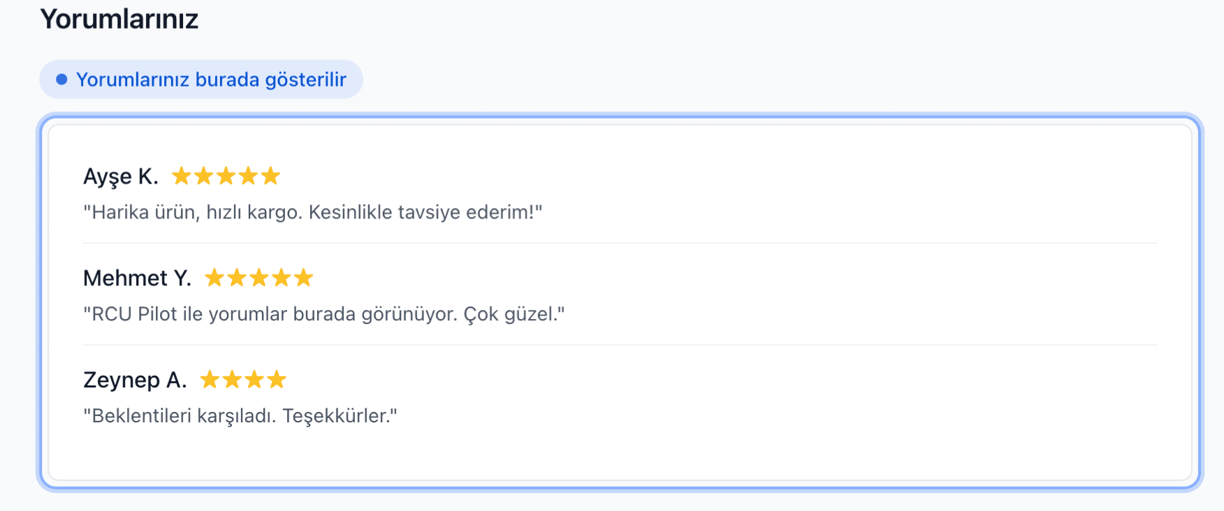 Pazaryeri yorumları widget örnek ekran 3